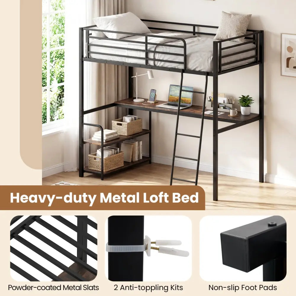 Twin Loft Bed with Desk and Shelves for Kids and Adults-Rustic Brown - Rustic Brown - Bunk Bed Frame