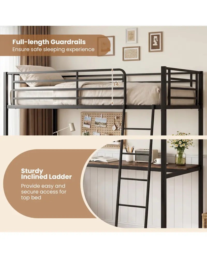 Twin Loft Bed with Desk and Shelves for Kids and Adults-Rustic Brown - Rustic Brown - Bunk Bed Frame