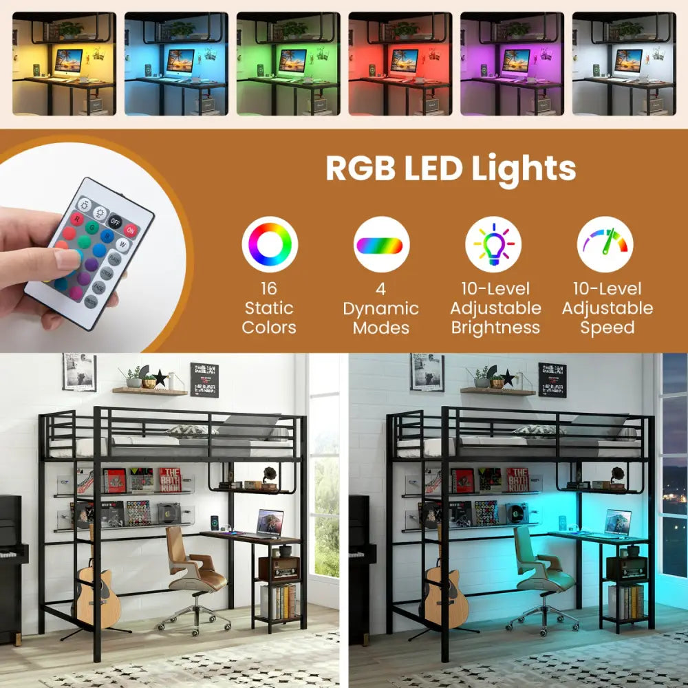 Twin Loft Bed with Desk LED Lights Charging Station Heavy-duty Metal Bed Frame with Guardrail-Black - Black - Bunk Bed