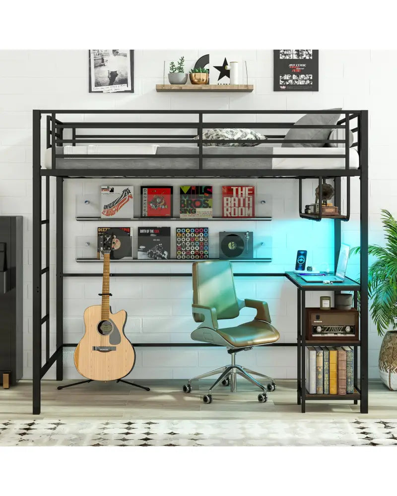 Twin Loft Bed with Desk LED Lights Charging Station Heavy-duty Metal Bed Frame with Guardrail-Black - Black - Bunk Bed