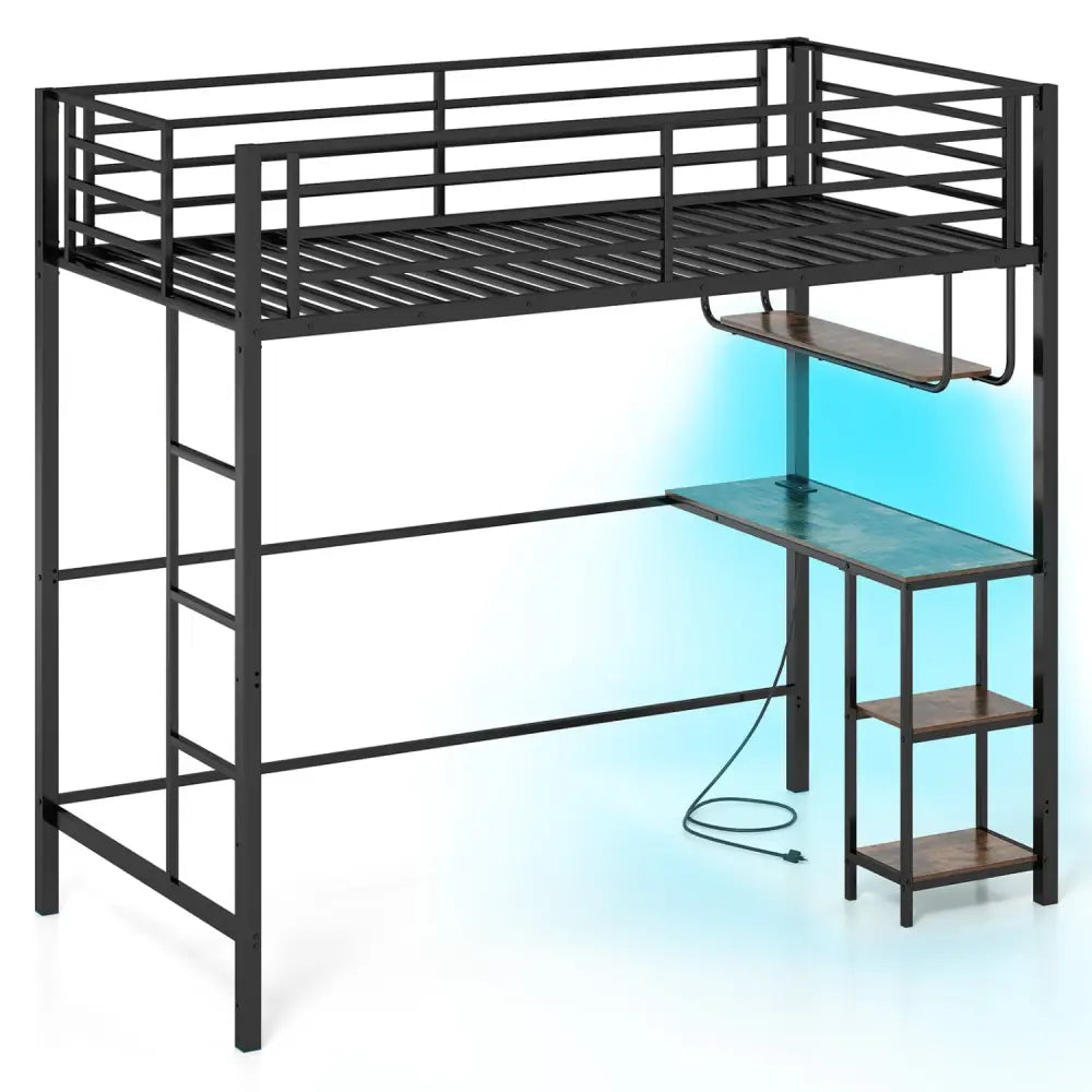 Twin Loft Bed with Desk LED Lights Charging Station Heavy-duty Metal Bed Frame with Guardrail-Black - Black - Bunk Bed
