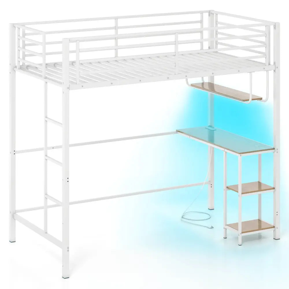 Twin Loft Bed with Desk LED Lights Charging Station Heavy-duty Metal Bed Frame with Guardrail-White - White - Bunk Bed