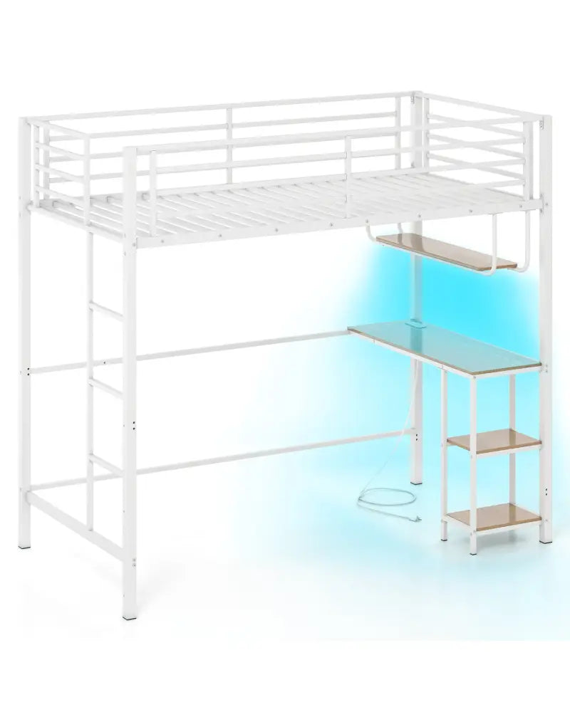Twin Loft Bed with Desk LED Lights Charging Station Heavy-duty Metal Bed Frame with Guardrail-White - White - Bunk Bed