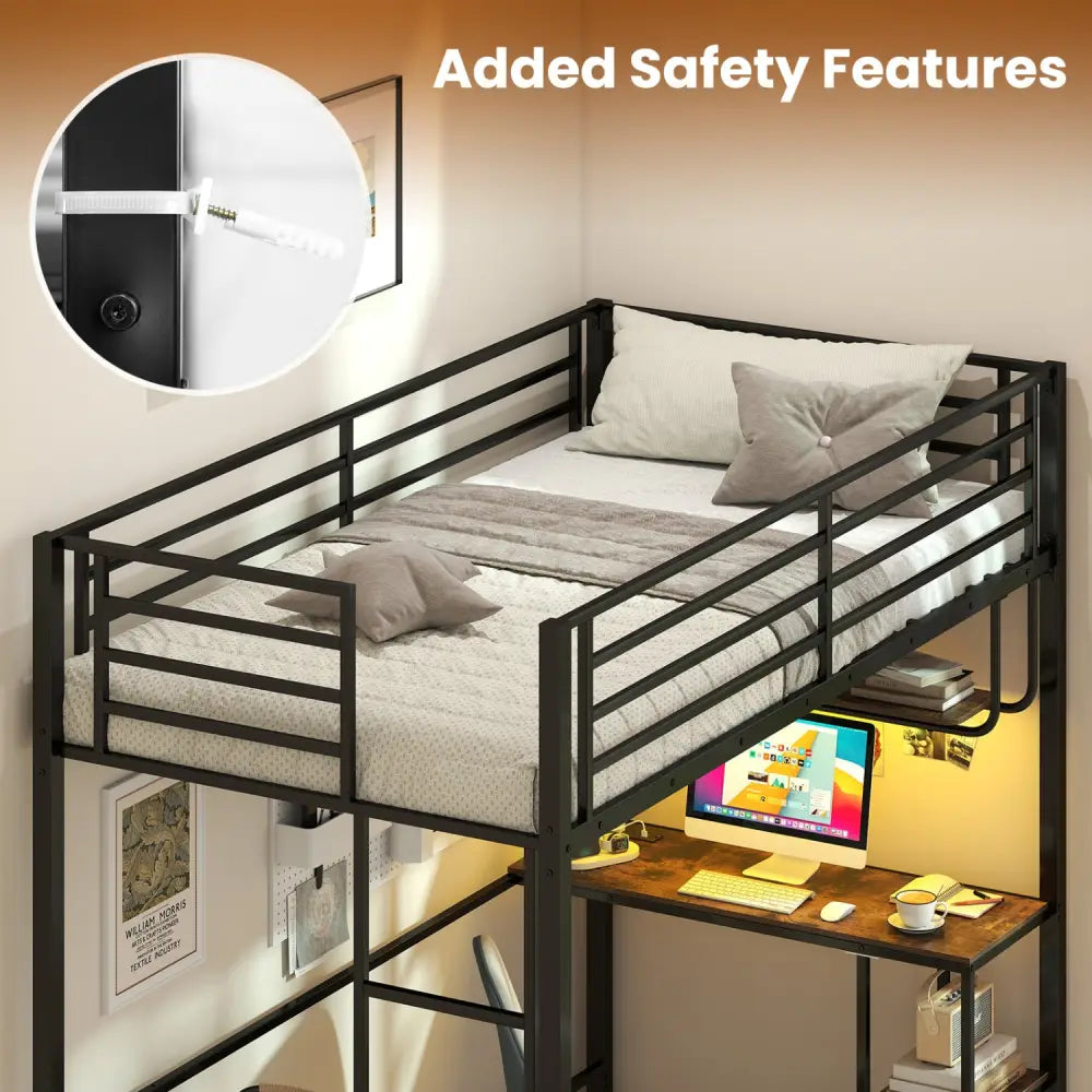 Twin Loft Bed with Desk LED Lights Charging Station Heavy-duty Metal Bed Frame with Guardrail-Black - Black - Bunk Bed