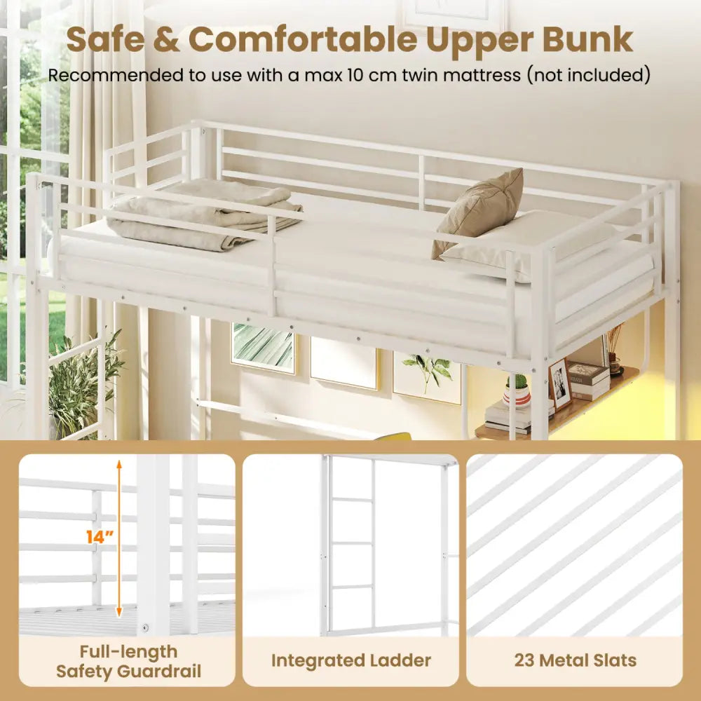 Twin Loft Bed with Desk LED Lights Charging Station Heavy-duty Metal Bed Frame with Guardrail-White - White - Bunk Bed