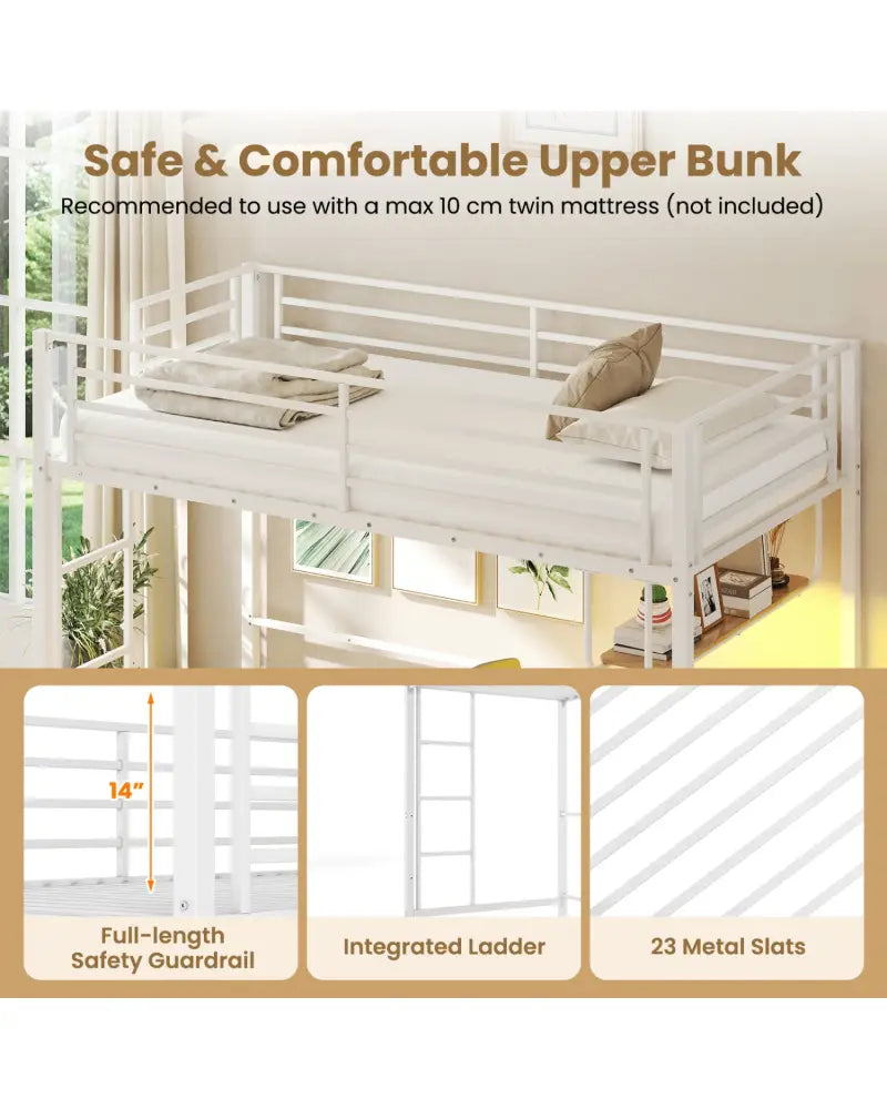 Twin Loft Bed with Desk LED Lights Charging Station Heavy-duty Metal Bed Frame with Guardrail-White - White - Bunk Bed