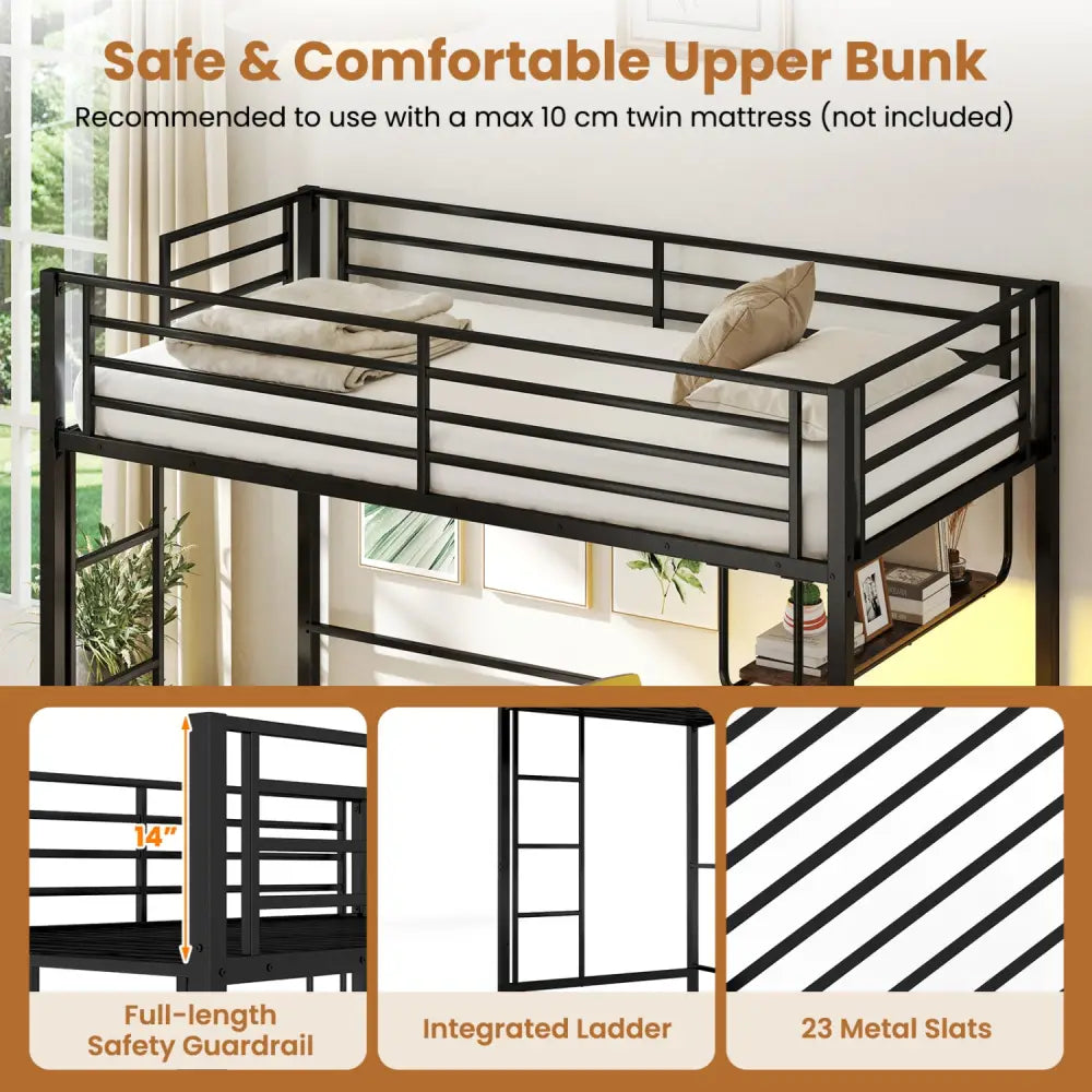 Twin Loft Bed with Desk LED Lights Charging Station Heavy-duty Metal Bed Frame with Guardrail-Black - Black - Bunk Bed