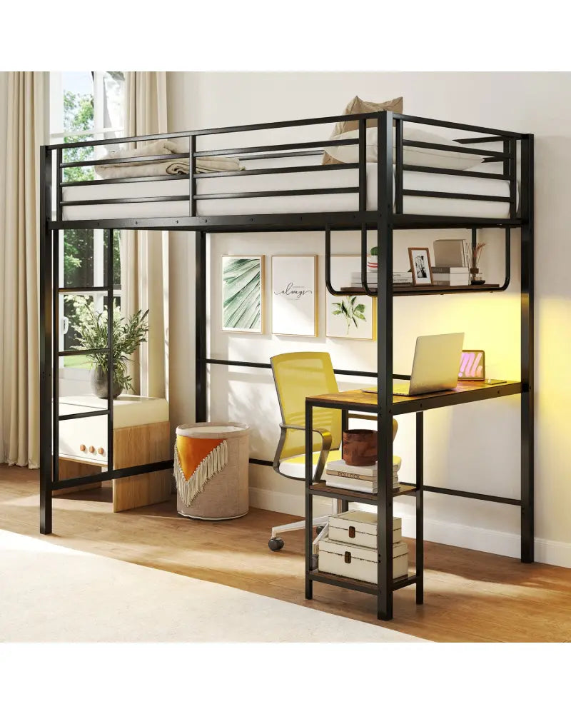 Twin Loft Bed with Desk LED Lights Charging Station Heavy-duty Metal Bed Frame with Guardrail-Black - Black - Bunk Bed