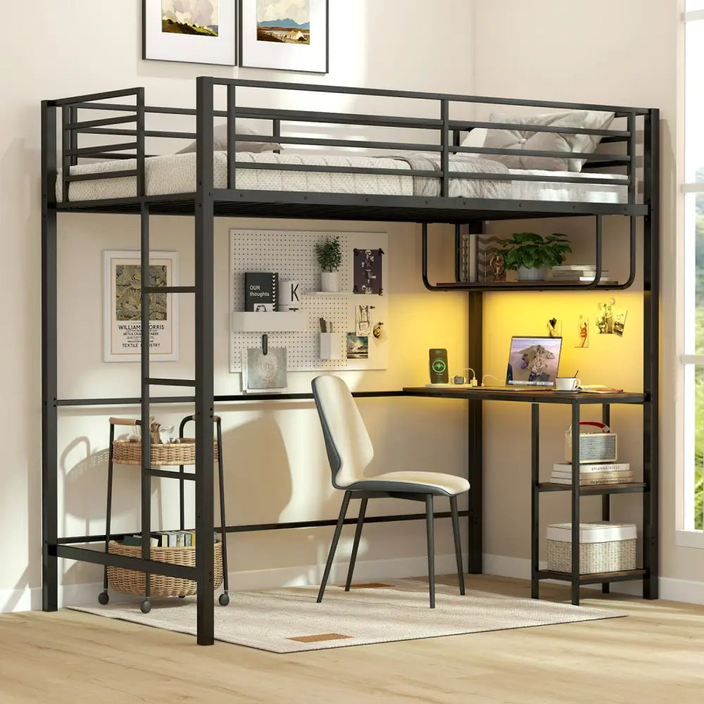 Twin Loft Bed with Desk LED Lights Charging Station Heavy-duty Metal Bed Frame with Guardrail-Black - Black - Bunk Bed