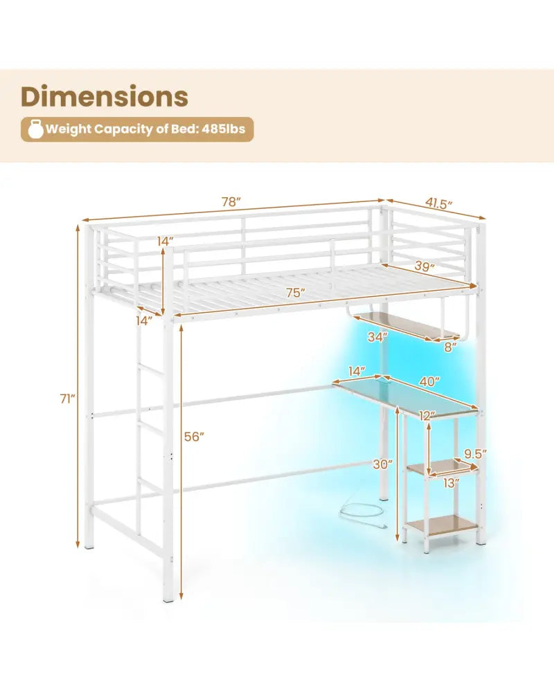 Twin Loft Bed with Desk LED Lights Charging Station Heavy-duty Metal Bed Frame with Guardrail-White - White - Bunk Bed