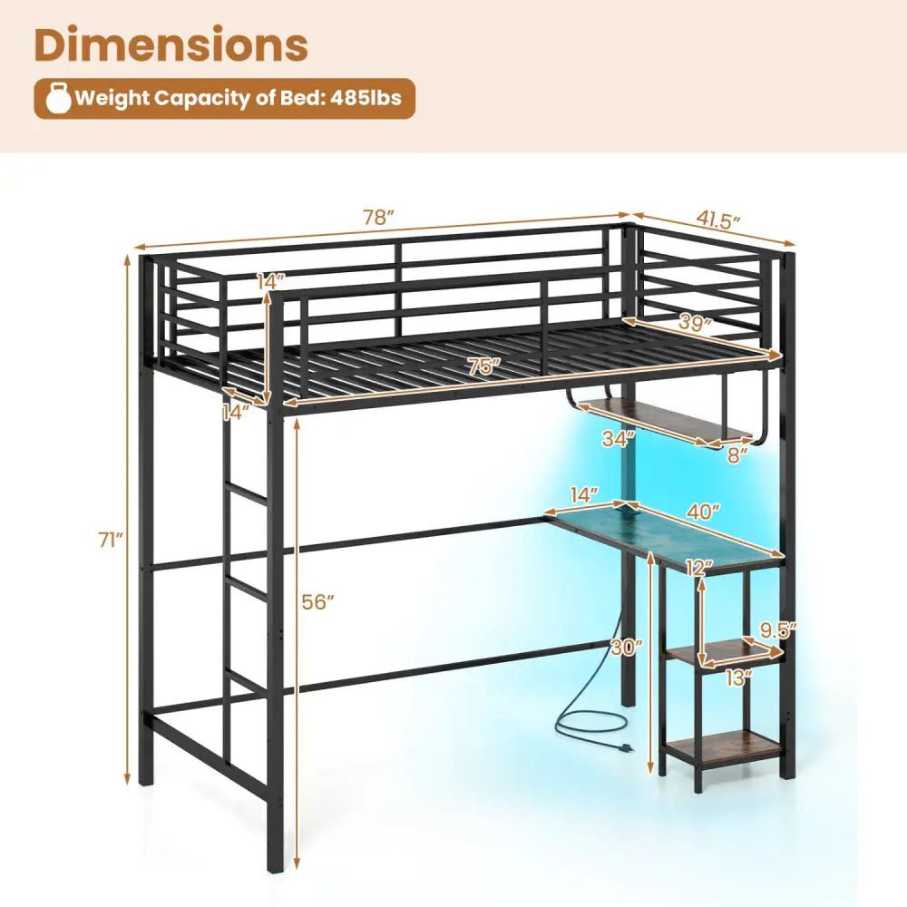 Twin Loft Bed with Desk LED Lights Charging Station Heavy-duty Metal Bed Frame with Guardrail-Black - Black - Bunk Bed