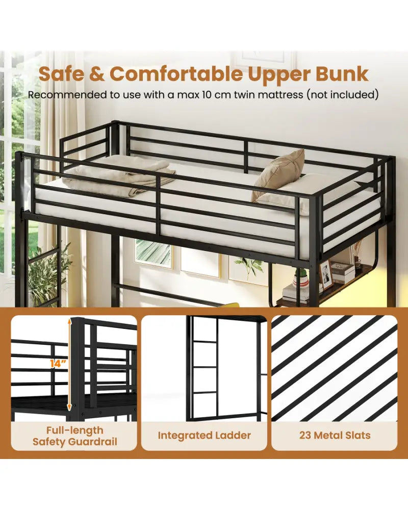 Twin Loft Bed with Desk LED Lights Charging Station Heavy-duty Metal Bed Frame with Guardrail-Black - Black - Bunk Bed