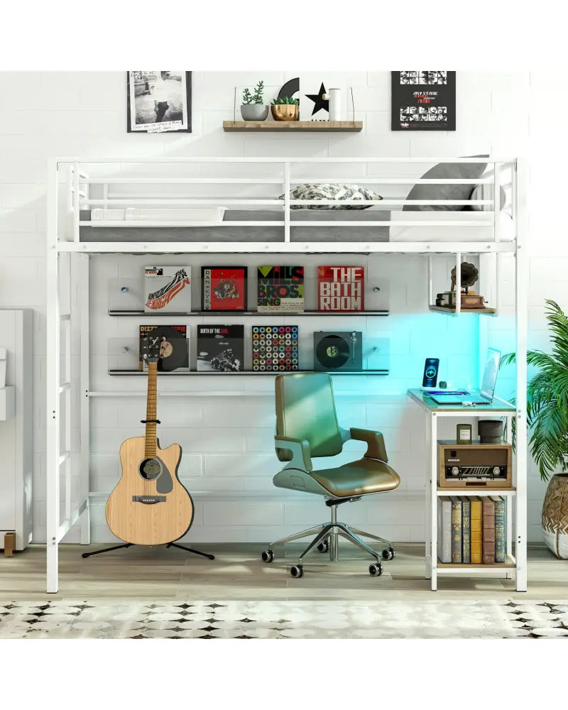 Twin Loft Bed with Desk LED Lights Charging Station Heavy-duty Metal Bed Frame with Guardrail-White - White - Bunk Bed