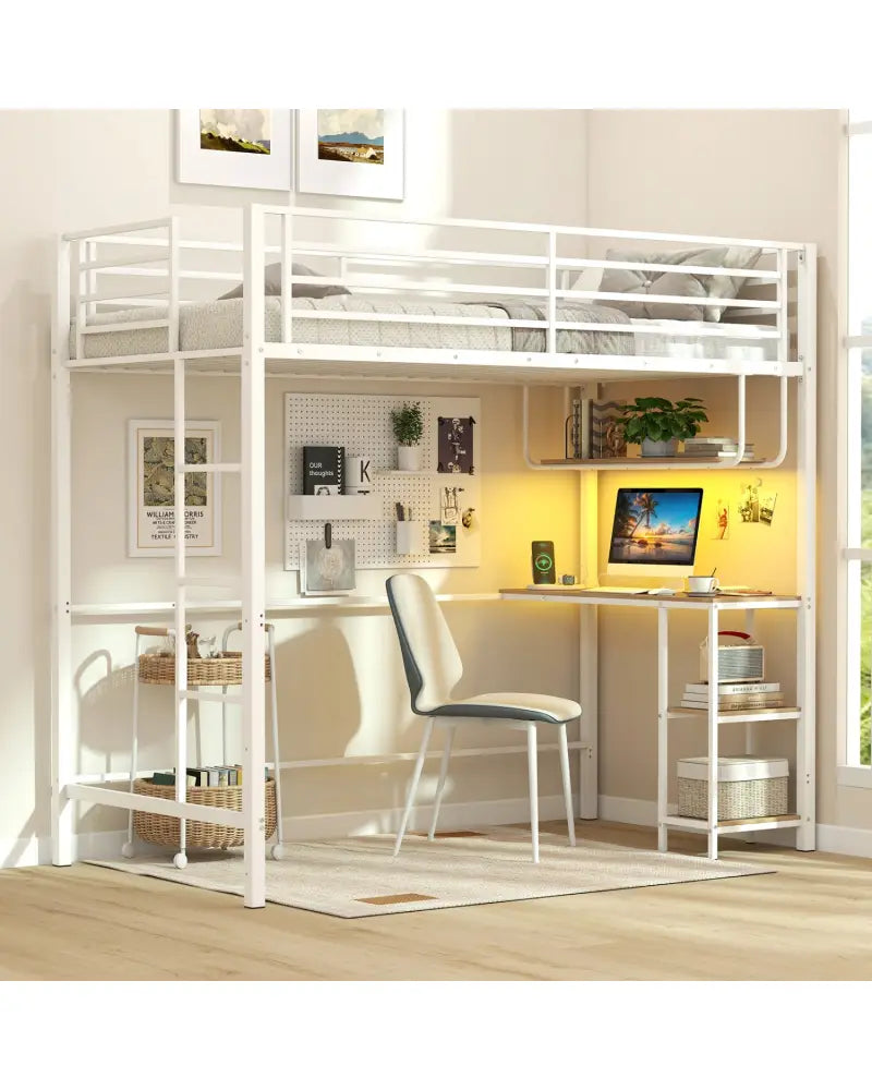 Twin Loft Bed with Desk LED Lights Charging Station Heavy-duty Metal Bed Frame with Guardrail-White - White - Bunk Bed