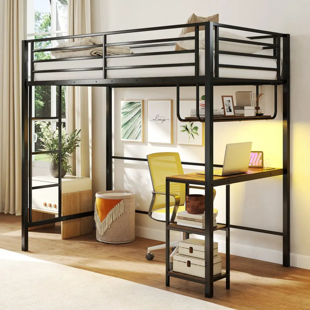 Twin Loft Bed with Desk LED Lights Charging Station Heavy-duty Metal Bed Frame with Guardrail-Black - Black - Bunk Bed