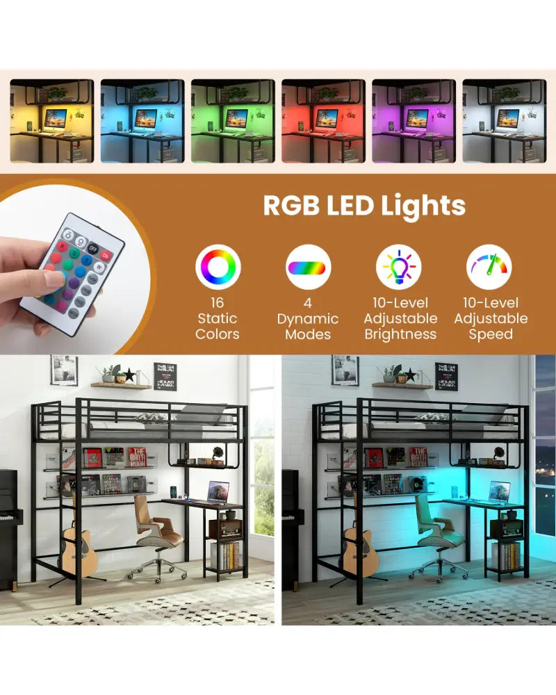 Twin Loft Bed with Desk LED Lights Charging Station Heavy-duty Metal Bed Frame with Guardrail-Black - Black - Bunk Bed