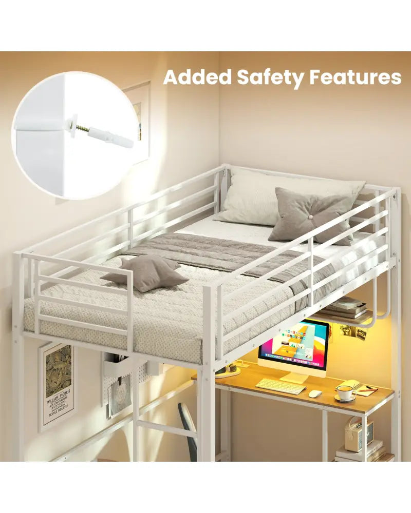 Twin Loft Bed with Desk LED Lights Charging Station Heavy-duty Metal Bed Frame with Guardrail-White - White - Bunk Bed
