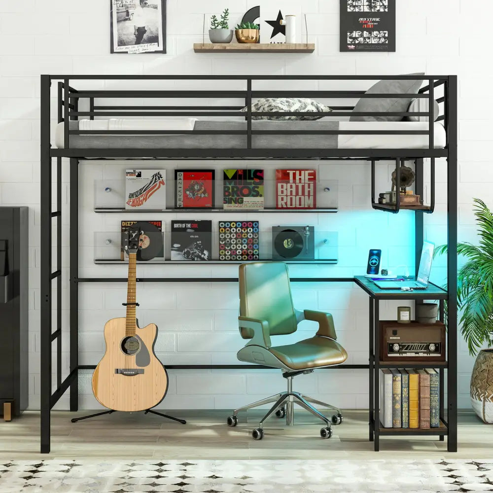 Twin Loft Bed with Desk LED Lights Charging Station Heavy-duty Metal Bed Frame with Guardrail-Black - Black - Bunk Bed