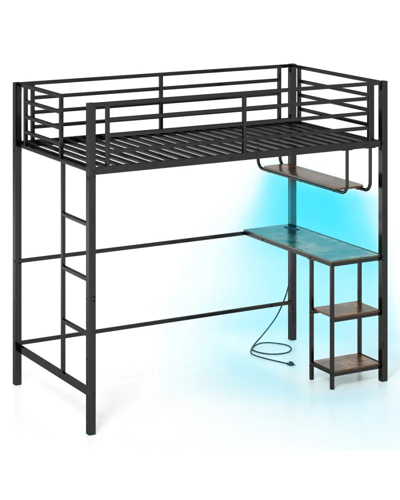 Twin Loft Bed with Desk LED Lights Charging Station Heavy-duty Metal Bed Frame with Guardrail-Black - Black - Bunk Bed