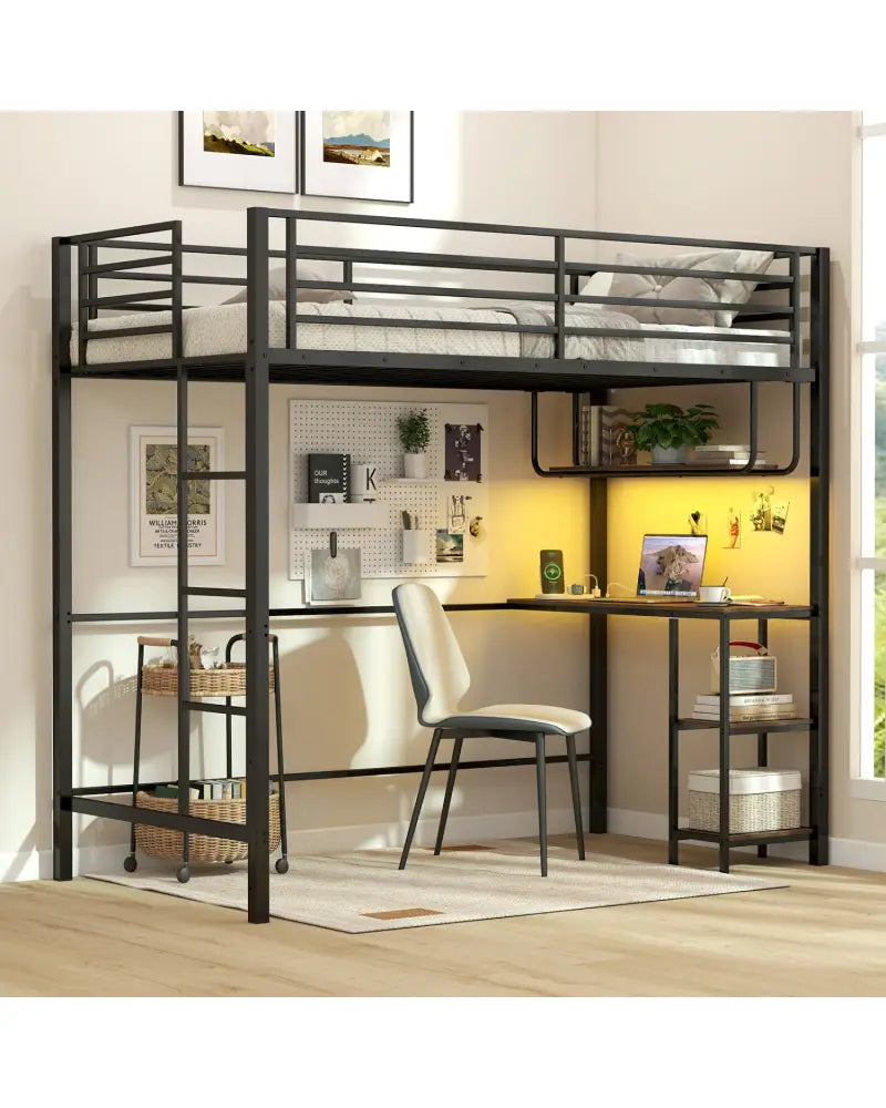 Twin Loft Bed with Desk LED Lights Charging Station Heavy-duty Metal Bed Frame with Guardrail-Black - Black - Bunk Bed