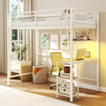 Twin Loft Bed with Desk LED Lights Charging Station Heavy-duty Metal Bed Frame with Guardrail-White - White - Bunk Bed