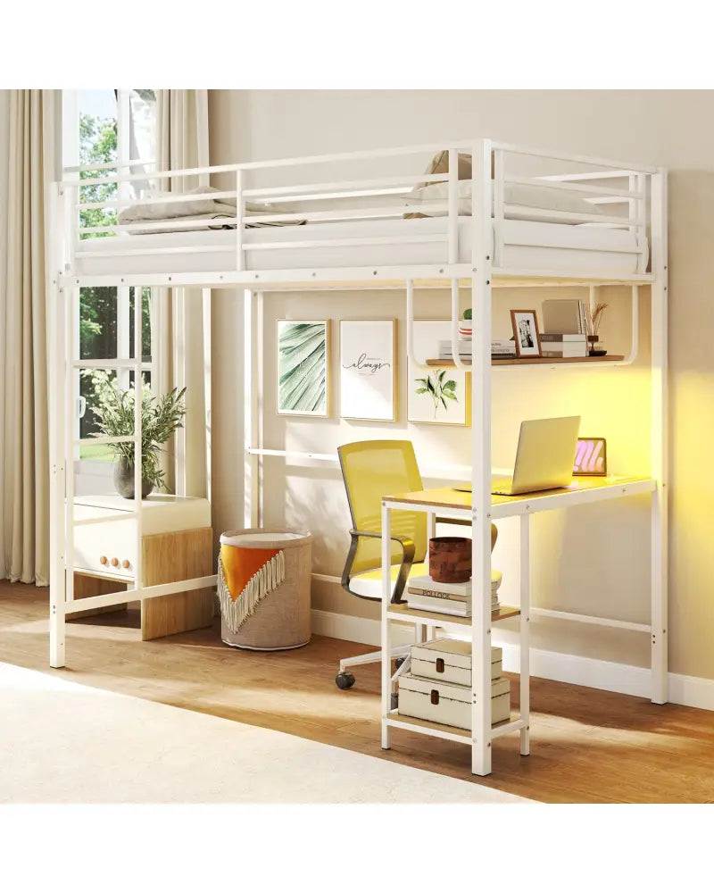 Twin Loft Bed with Desk LED Lights Charging Station Heavy-duty Metal Bed Frame with Guardrail-White - White - Bunk Bed