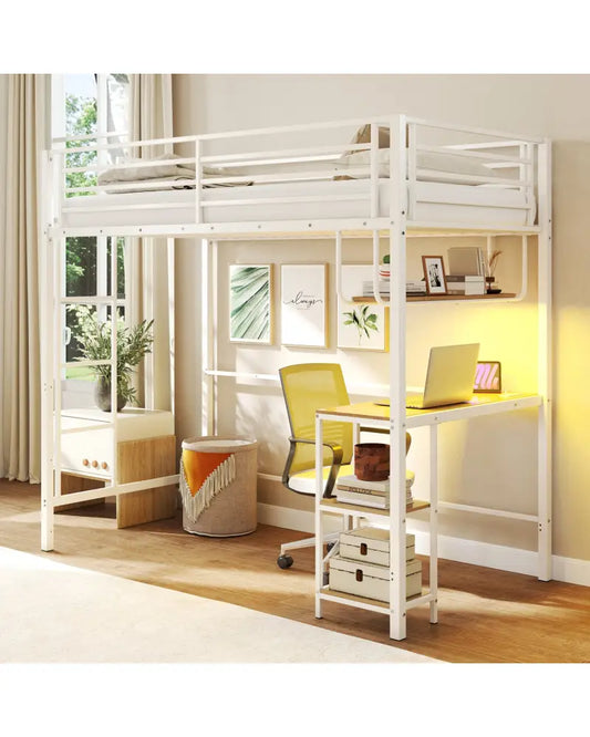 Twin Loft Bed with Desk LED Lights Charging Station Heavy-duty Metal Bed Frame with Guardrail-White - White - Bunk Bed