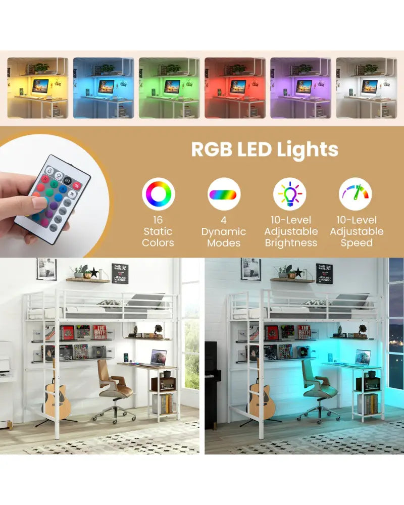 Twin Loft Bed with Desk LED Lights Charging Station Heavy-duty Metal Bed Frame with Guardrail-White - White - Bunk Bed