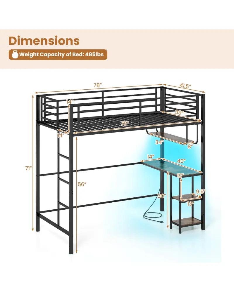 Twin Loft Bed with Desk LED Lights Charging Station Heavy-duty Metal Bed Frame with Guardrail-Black - Black - Bunk Bed