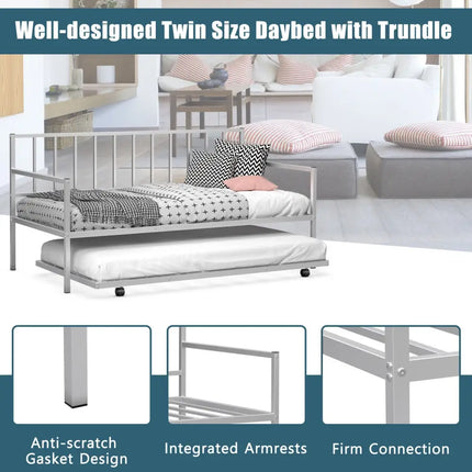 Twin Metal Daybed Sofa Bed Set with Roll Out Trundle-Silver - Silver - Trundle Bed Frame