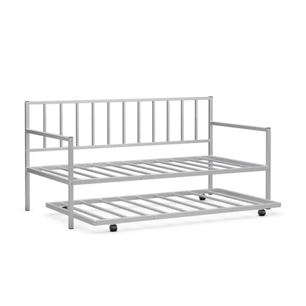 Twin Metal Daybed Sofa Bed Set with Roll Out Trundle-Silver - Silver - Trundle Bed Frame
