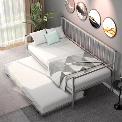 Twin Metal Daybed Sofa Bed Set with Roll Out Trundle-Silver - Silver - Trundle Bed Frame