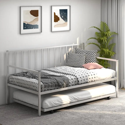 Twin Metal Daybed Sofa Bed Set with Roll Out Trundle-Silver - Silver - Trundle Bed Frame