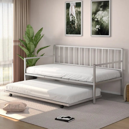 Twin Metal Daybed Sofa Bed Set with Roll Out Trundle-Silver - Silver - Trundle Bed Frame