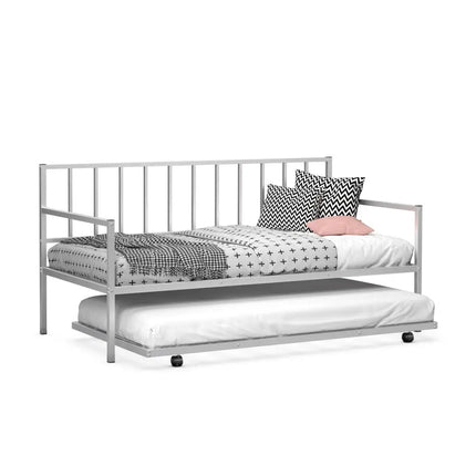 Twin Metal Daybed Sofa Bed Set with Roll Out Trundle-Silver - Silver - Trundle Bed Frame
