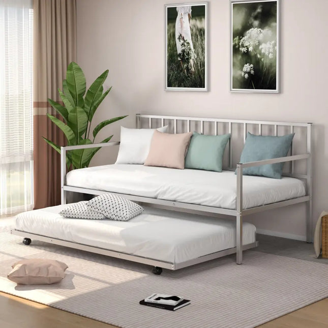 Twin Metal Daybed Sofa Bed Set with Roll Out Trundle-Silver - Silver - Trundle Bed Frame