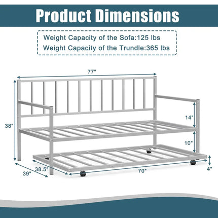 Twin Metal Daybed Sofa Bed Set with Roll Out Trundle-Silver - Silver - Trundle Bed Frame