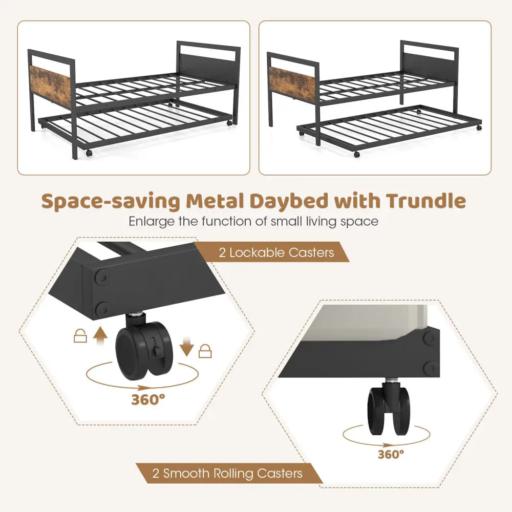 Twin Metal Daybed with Trundle Lockable Wheels-Twin Size - Rustic Brown - Trundle Bed Frame