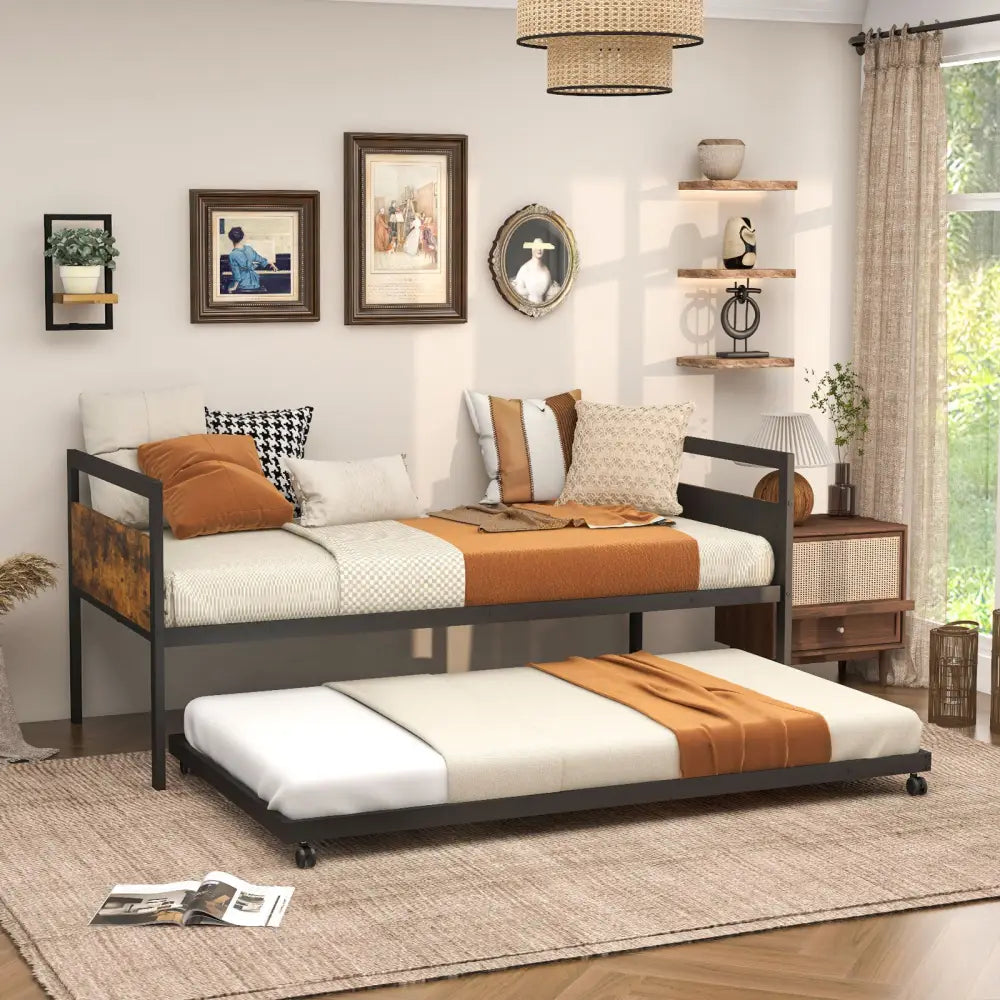Twin Metal Daybed with Trundle Lockable Wheels-Twin Size - Rustic Brown - Trundle Bed Frame