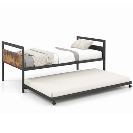 Black metal twin daybed with rustic brown accent panel and lockable wheeled trundle bed with metal slats