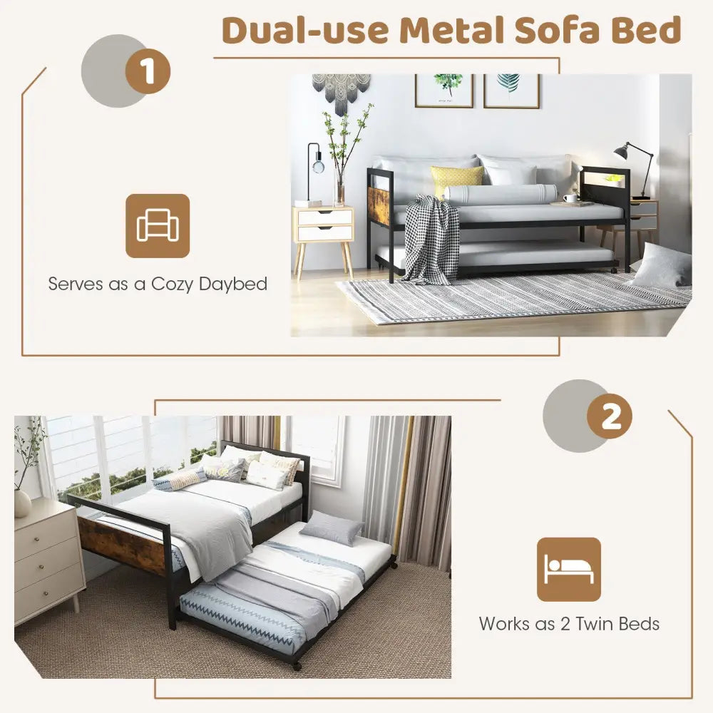 Twin Metal Daybed with Trundle Lockable Wheels-Twin Size - Rustic Brown - Trundle Bed Frame