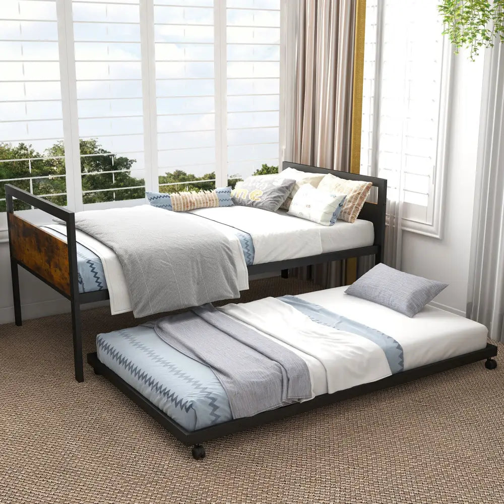 Twin Metal Daybed with Trundle Lockable Wheels-Twin Size - Rustic Brown - Trundle Bed Frame