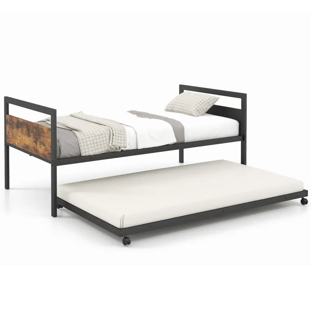 Twin Metal Daybed with Trundle Lockable Wheels-Twin Size - Rustic Brown - Trundle Bed Frame
