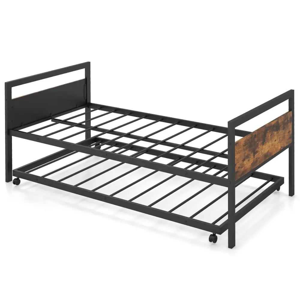Twin Metal Daybed with Trundle Lockable Wheels-Twin Size - Rustic Brown - Trundle Bed Frame