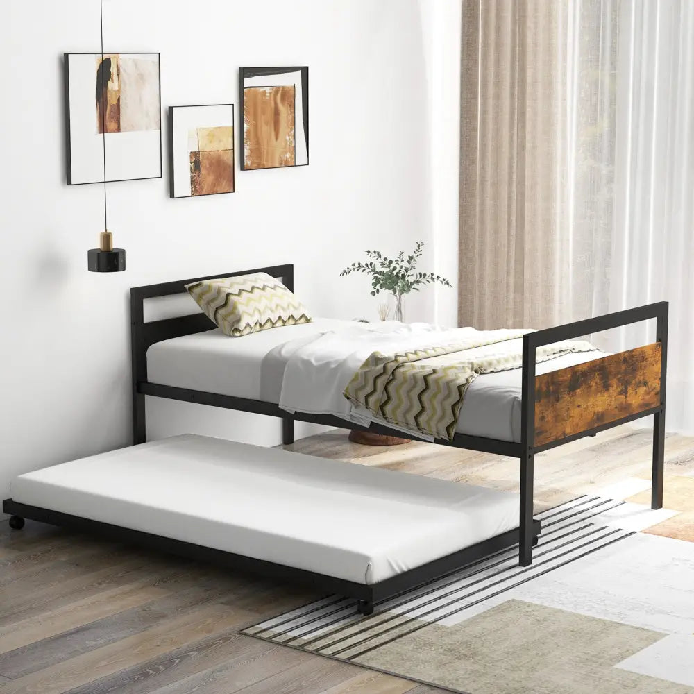 Twin Metal Daybed with Trundle Lockable Wheels-Twin Size - Rustic Brown - Trundle Bed Frame