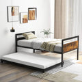 Twin Metal Daybed with Trundle Lockable Wheels-Twin Size - Rustic Brown - Trundle Bed Frame