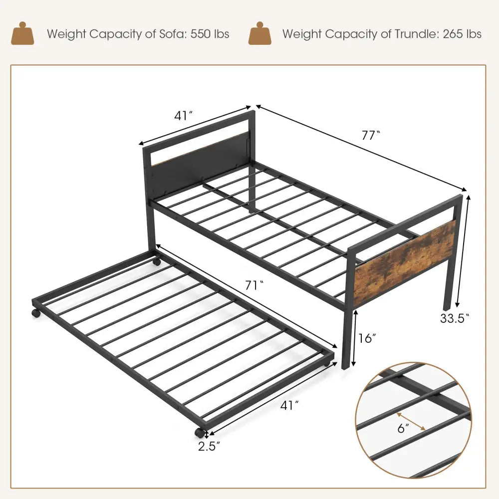 Twin Metal Daybed with Trundle Lockable Wheels-Twin Size - Rustic Brown - Trundle Bed Frame