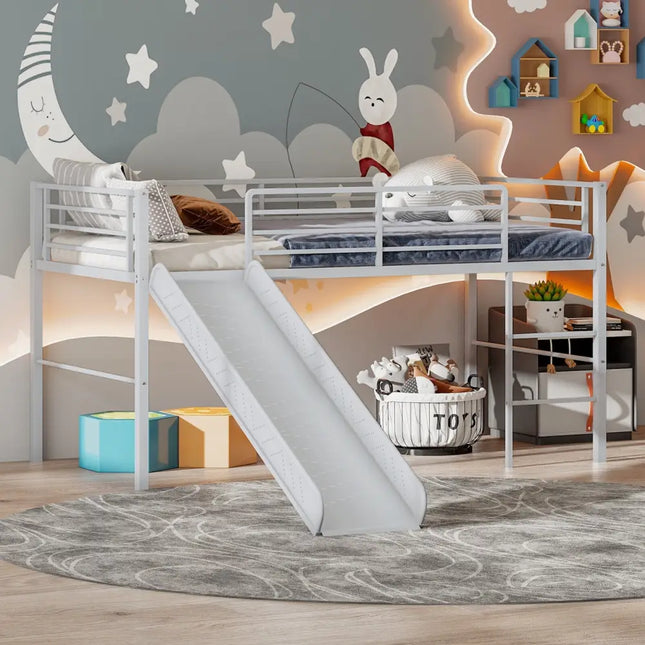 Twin Metal Loft Bed with Slide with Safety Guardrails and Built-in Ladder-Silver - Silver - Bunk Bed Frame