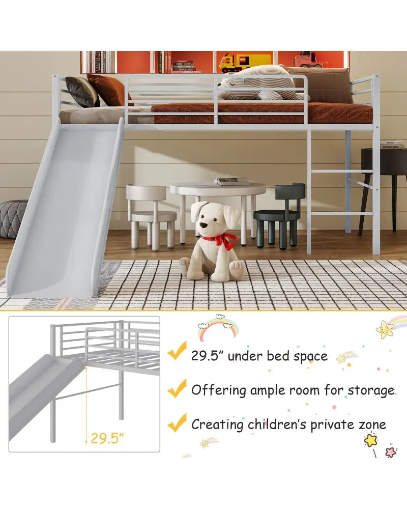 Twin Metal Loft Bed with Slide with Safety Guardrails and Built-in Ladder-Silver - Silver - Bunk Bed Frame