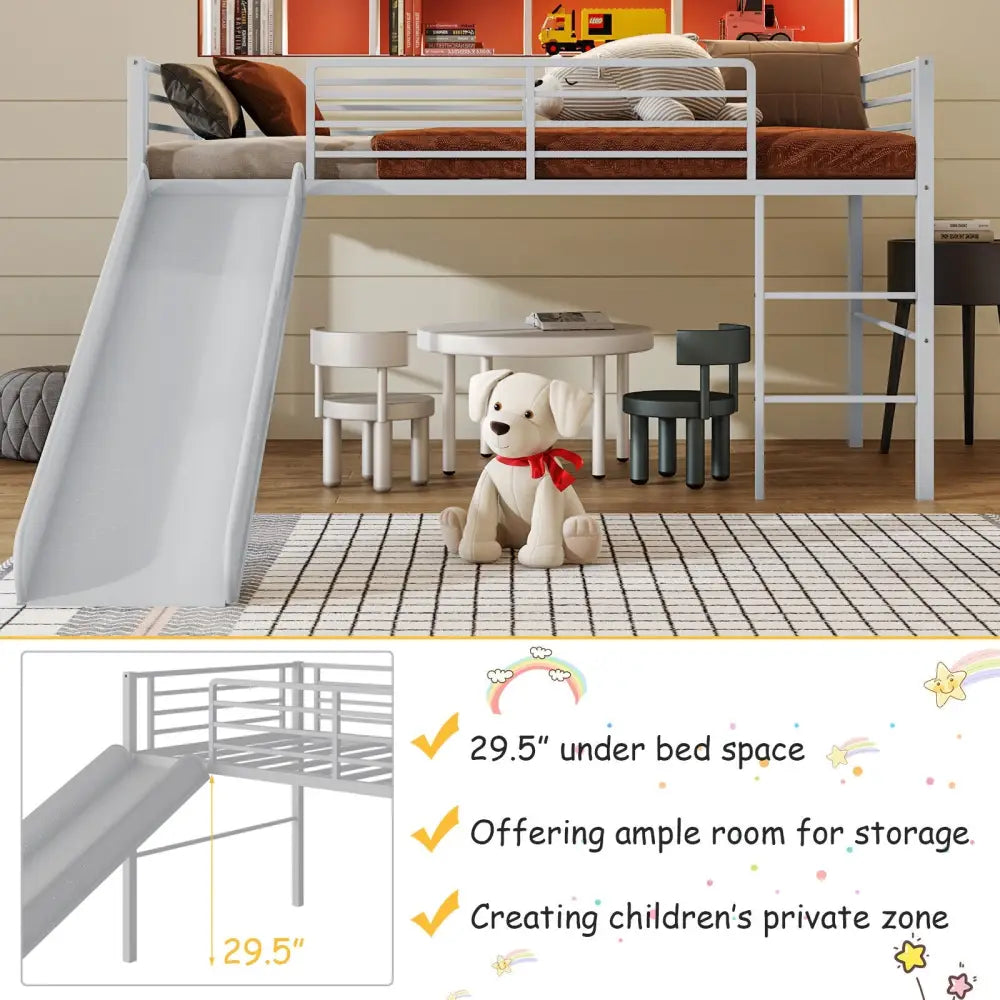 Twin Metal Loft Bed with Slide with Safety Guardrails and Built-in Ladder-Silver - Silver - Bunk Bed Frame